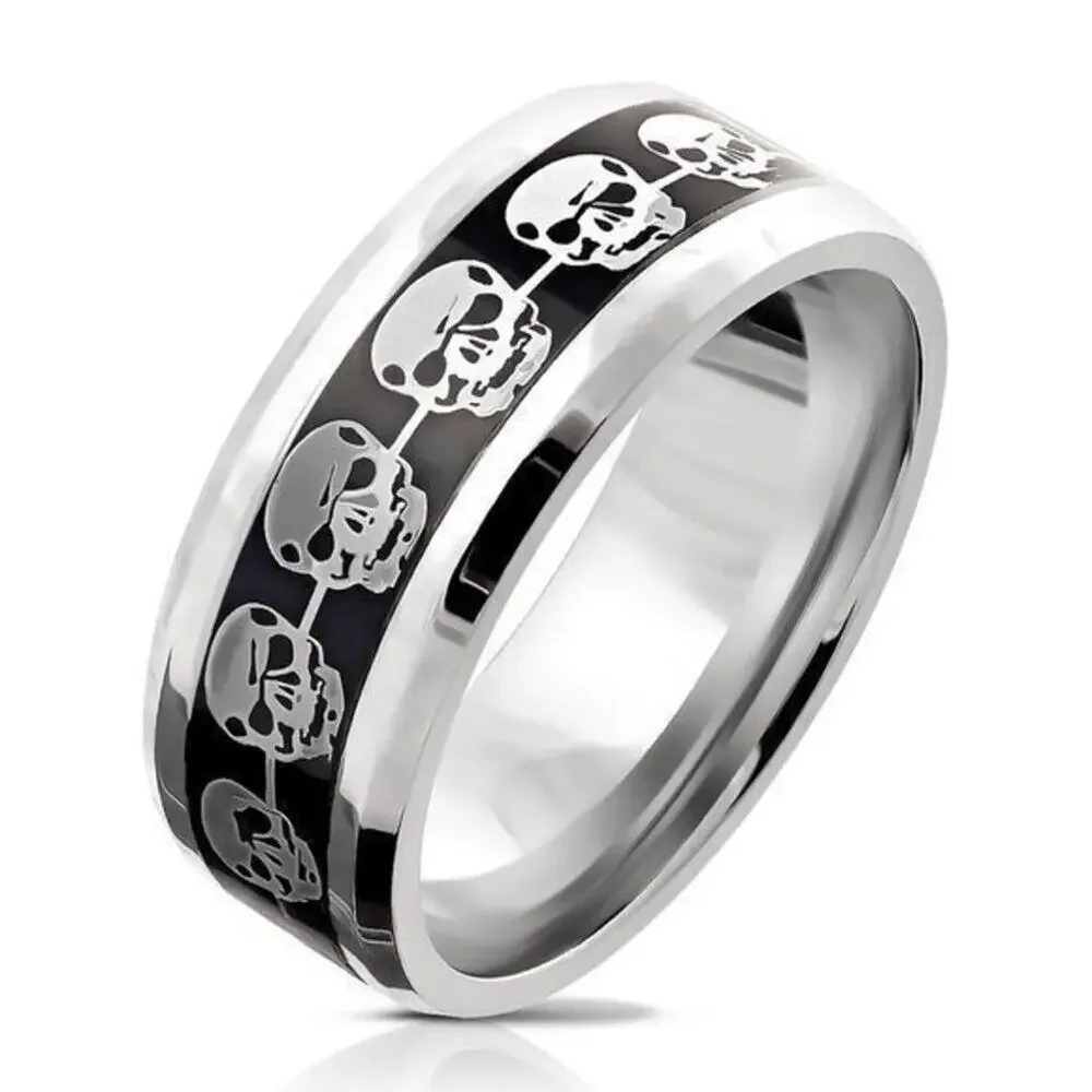 Men's Silver Skulls on Black 316L Stainless Steel Ring band Size 12